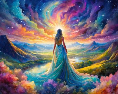 "Estasi Paradisiaca: Donna di Fronte alla Bellezza Infinita"